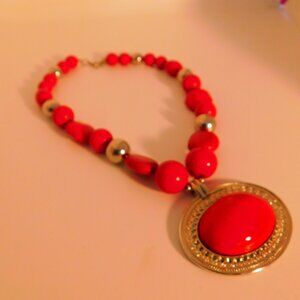 CRANBERY RED AND SILVER NECKLACE 21" LONG